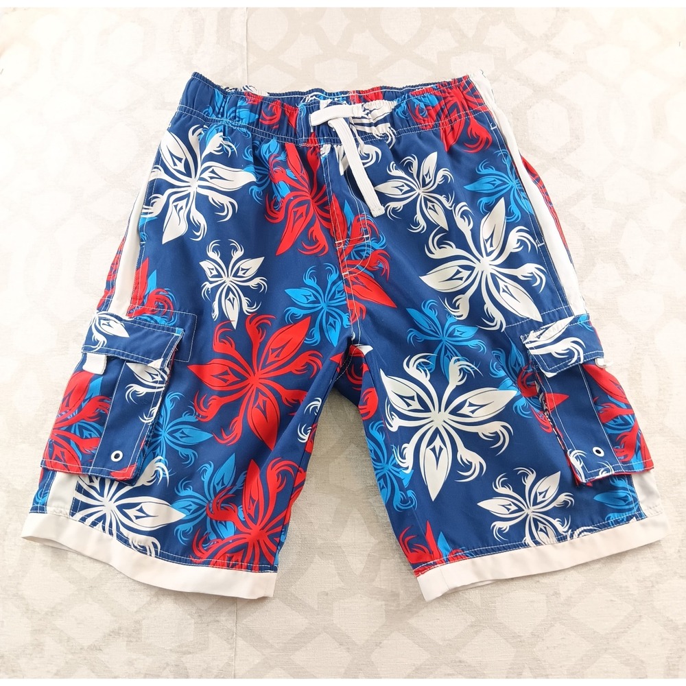 Arizona Jean Company Mens Swim Trunks Blue Red‎ Floral Cargo Pockets M 32 34